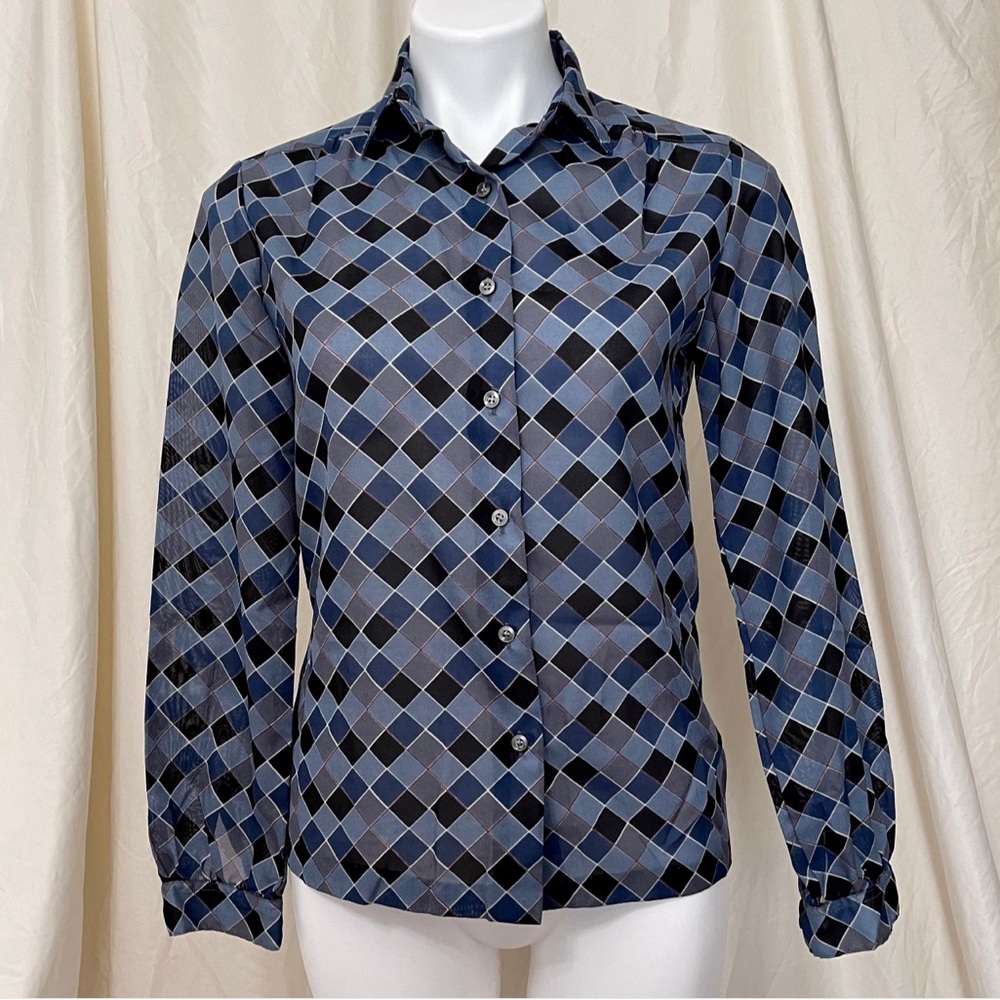 Vintage 70s long sleeve checkered blouse in blue and black. Excellent condition.